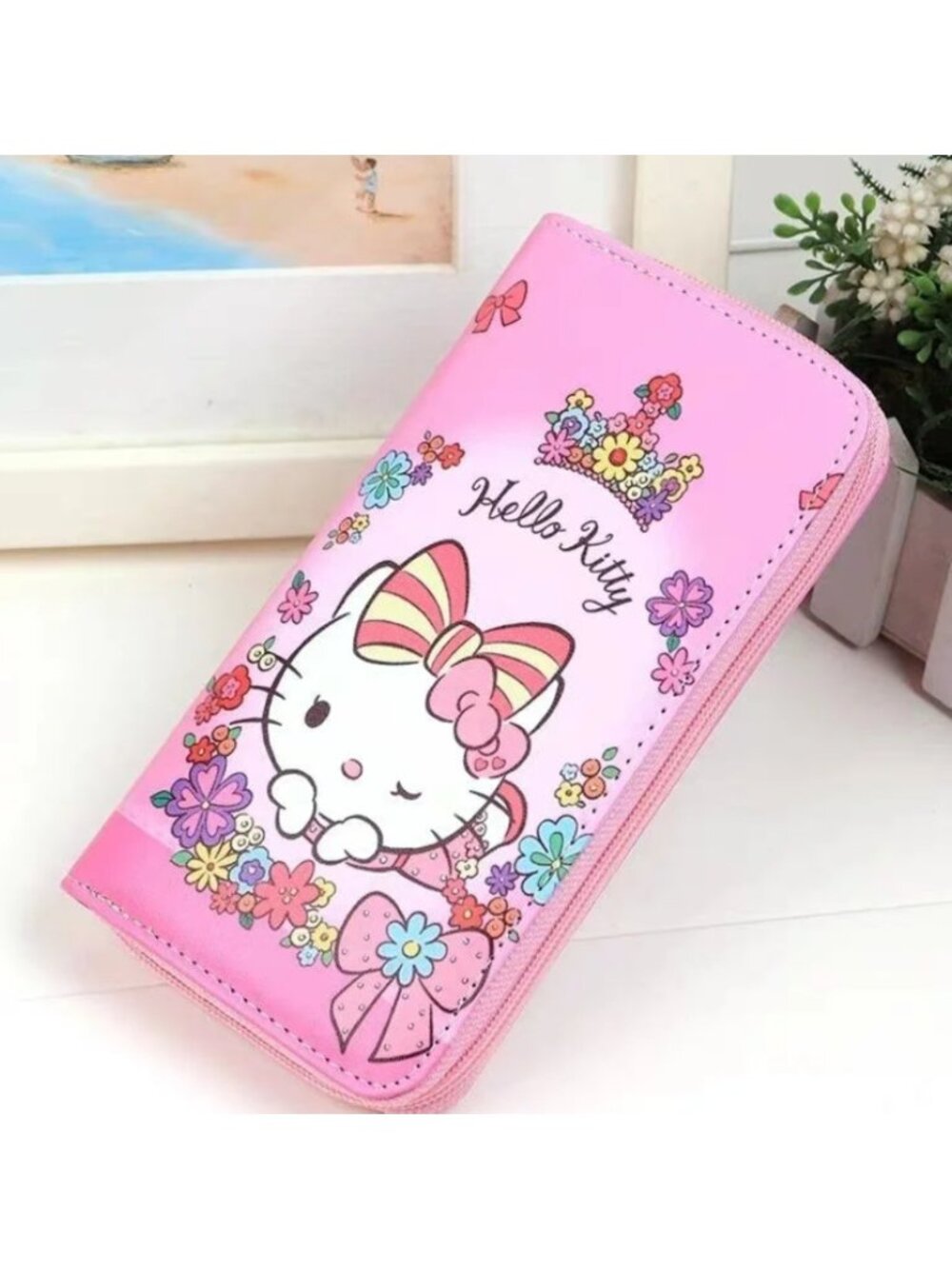 Hello Kitty Pink Wallet  Flowers Clutch Cute Kawaii Card Holder Interior Zipper